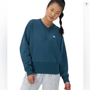 Champion Reverse Weave Henley Sweatshirt XL Teal Button Retro Active Lounge Boxy